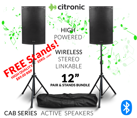 Active 12" Speaker PAIR With Free Stands 