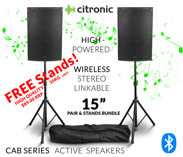 Active 15" Speaker PAIR With Free Stands 