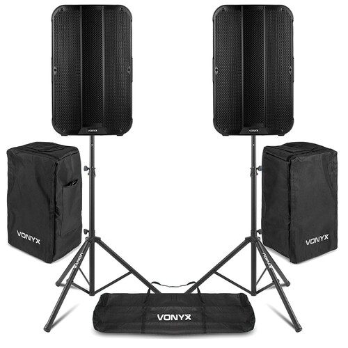 2 x Vonyx VD715A 15" Active PA Speakers with Stands and Covers